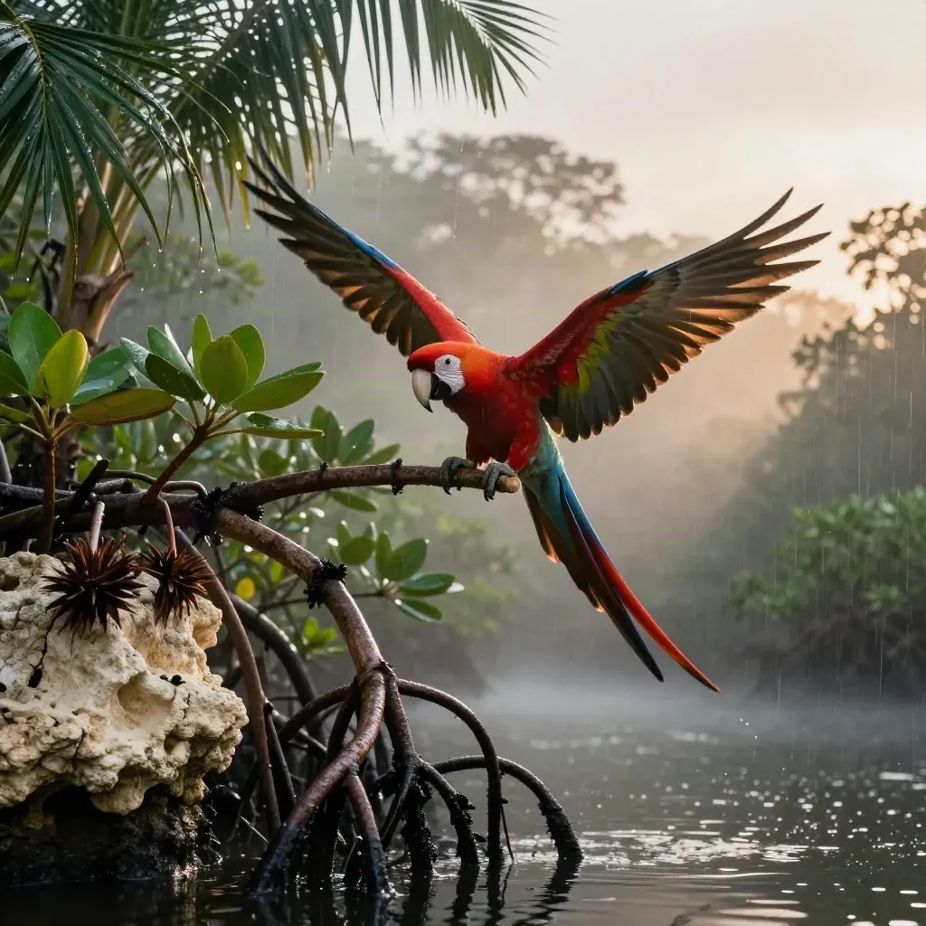 Guacamayo rojo alza el vuelo sobre manglar mojado con bruma y luz de amanecer.