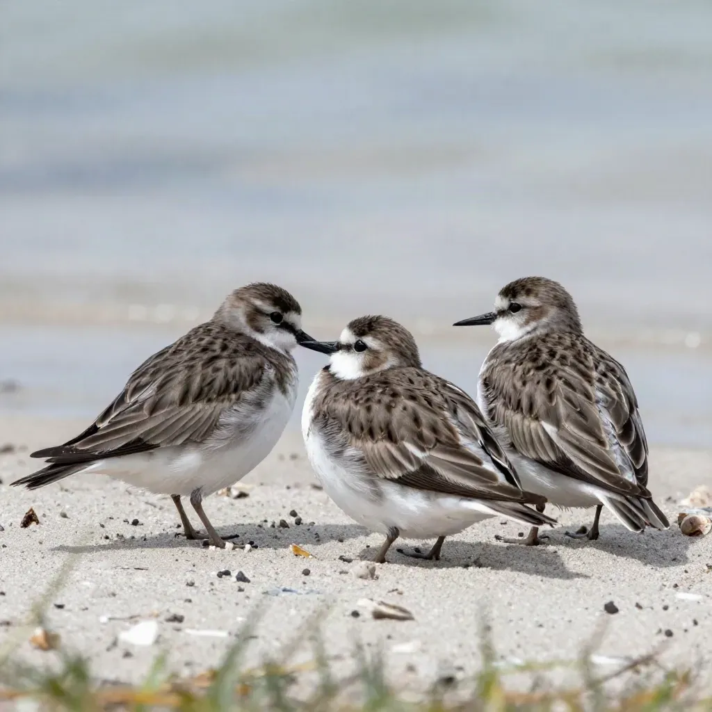 Tres limícolas acicalándose en una lengua de arena, con plumajes juvenil, hembra y macho.