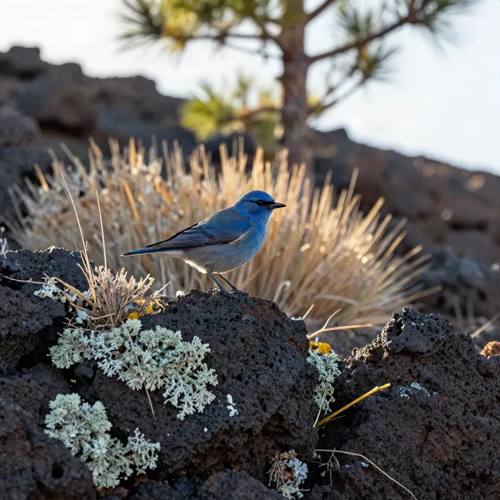 Pinzón azul de Canarias saltando sobre roca volcánica con líquenes en una ladera soleada.