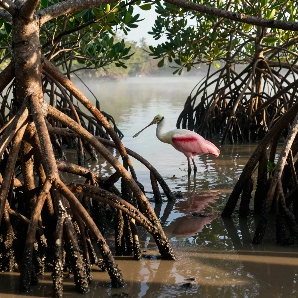 Manglar yucateco con una espátula rosada entre raíces y agua quieta al subir la marea.