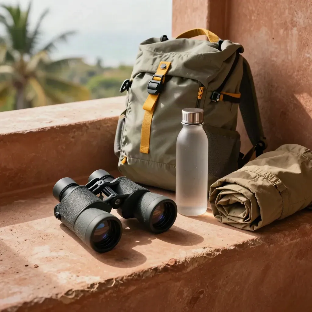 Kit minimalista de birding sobre repisa de piedra, listo para salir ligero.