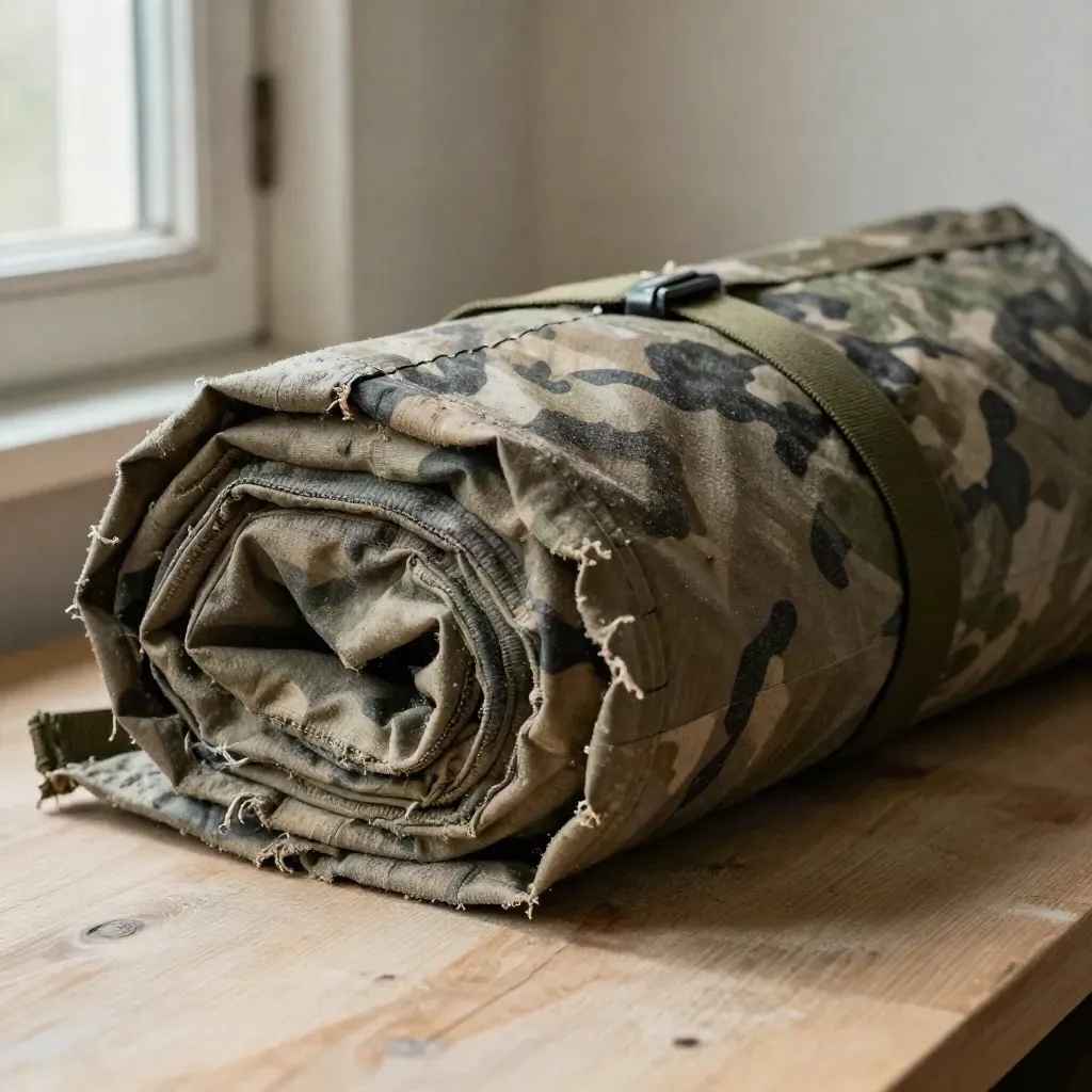 Escondite camuflado enrollado, saco de apoyo y funda de lluvia sobre madera clara.